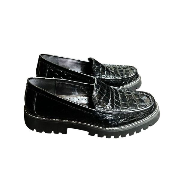 Donald Pliner Hope Crocco Patent Leather Black Chunky Women's Loafers Size 8.5 - Picture 1 of 6